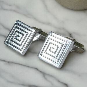 Vintage Swank Cufflinks Mens Silver Tone Greek Key Spiral Vector Symbol Signed
